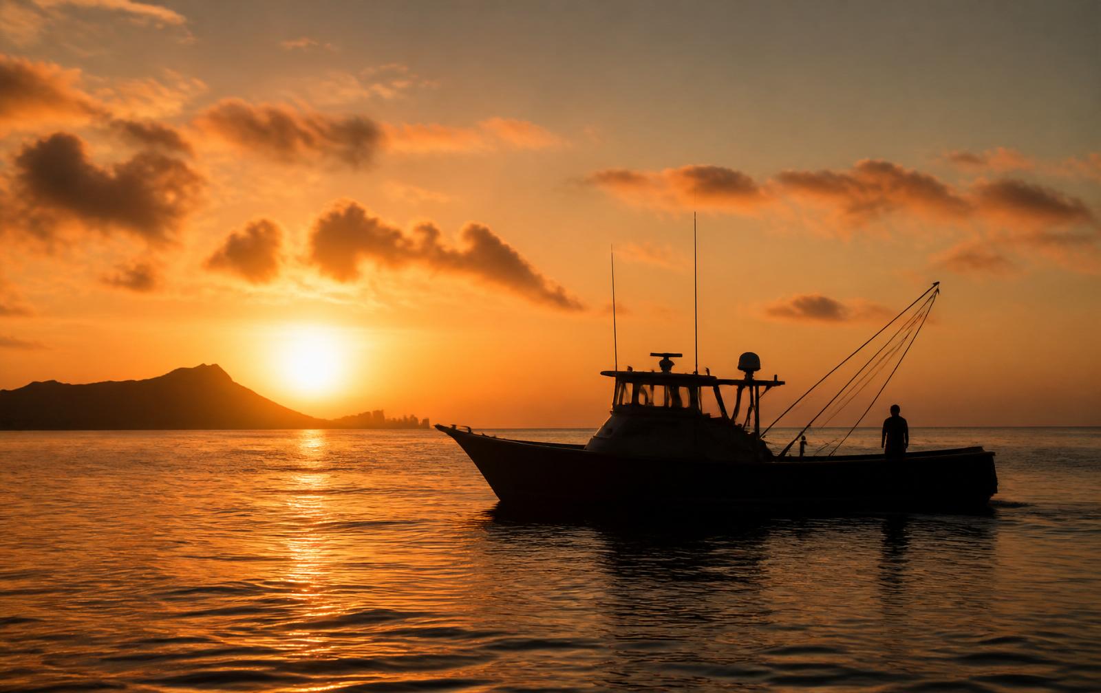Hawaiian fishing boat at sunrise off Oahu